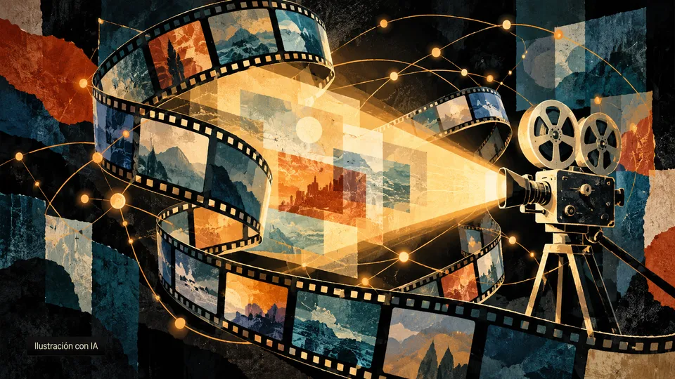 Ilustración editorial de una cámara de cine, una cinta de película y conexiones luminosas.