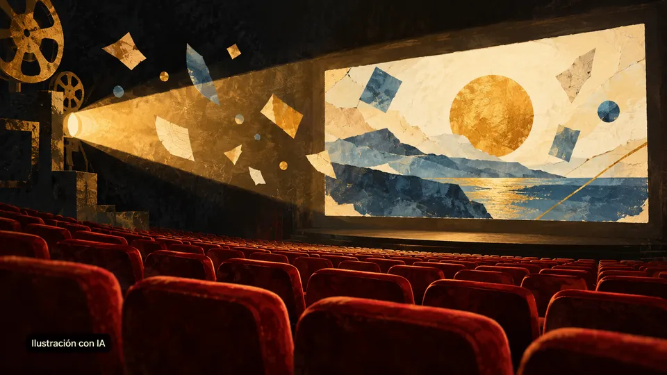 Ilustración editorial de una sala de cine vacía con butacas rojas y una proyección abstracta.