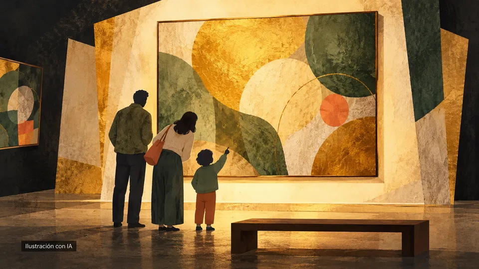 Ilustración editorial de una familia de espaldas que observa una pintura abstracta con calma.