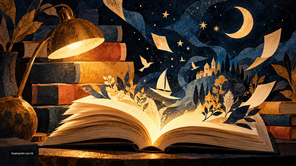 Ilustración editorial de un libro abierto y una lámpara bajo un cielo nocturno imaginario.