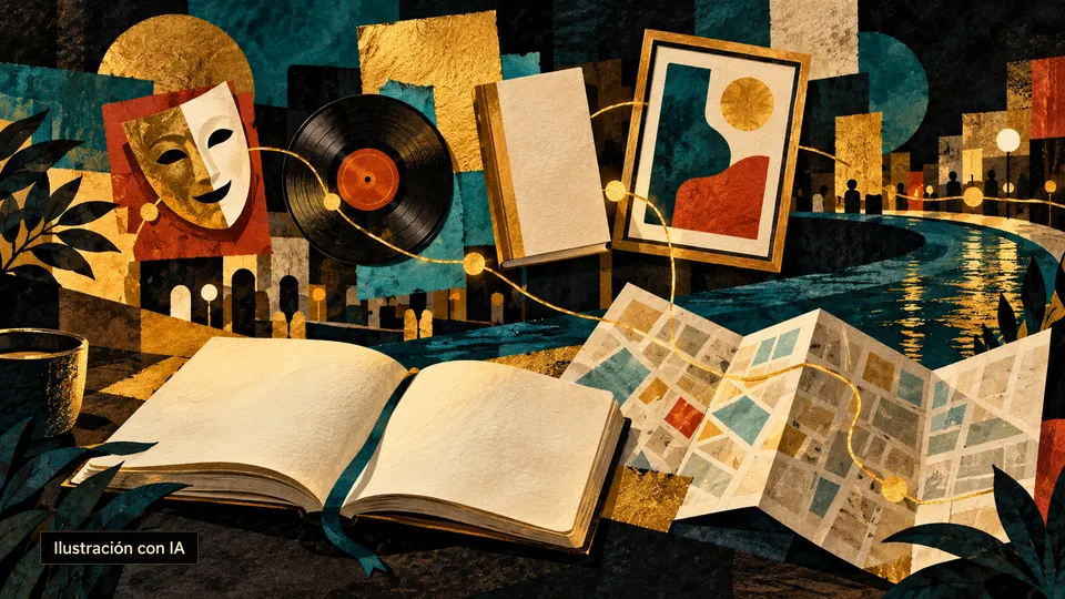 Collage editorial de libros, teatro, música, arte y un mapa abstracto para explorar la cultura urbana.