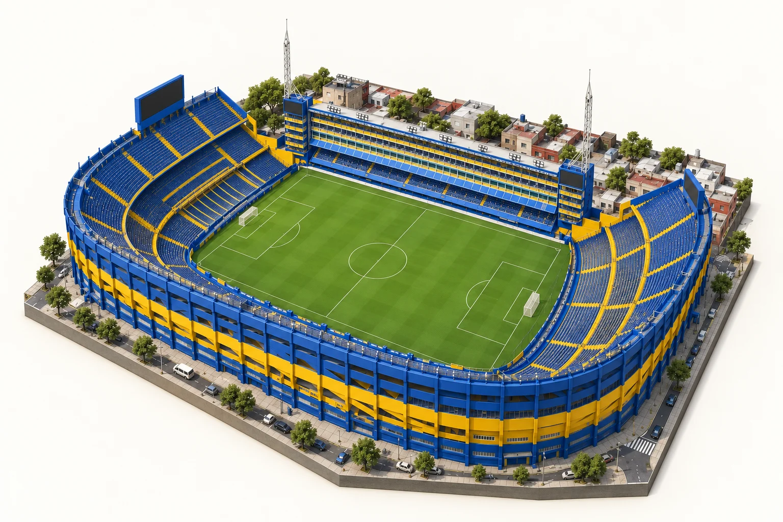 Ilustración 3D de La Bombonera — Estadio Alberto J. Armando, vista aérea en forma de maqueta arquitectónica sin público.