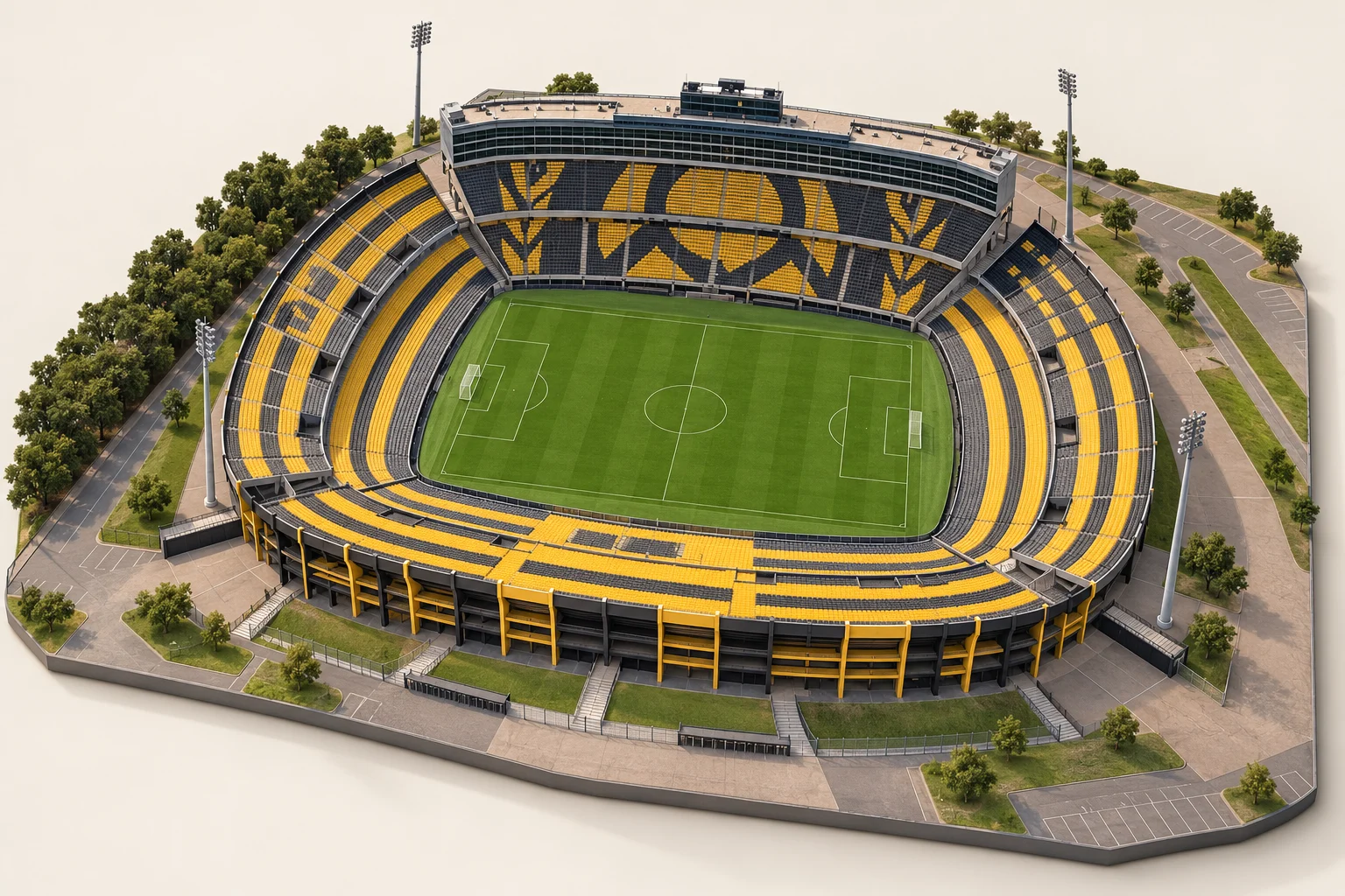Ilustración 3D de Estadio Campeón del Siglo, vista aérea en forma de maqueta arquitectónica sin público.