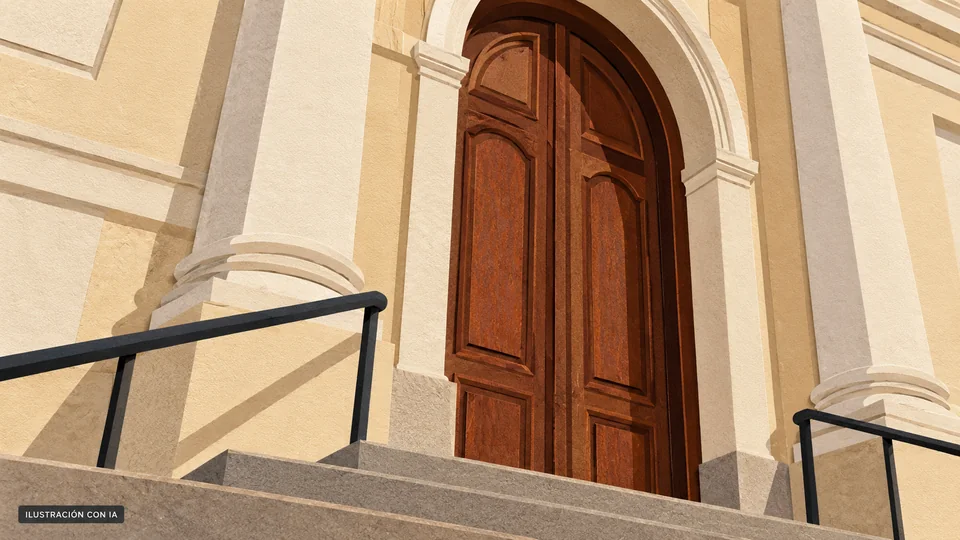 Ilustración editorial con IA de la puerta, columnas y escalones del acceso compartido MNHN/EAC en Miguelete, según evidencia de 2018; no acredita su estado actual; interpretación basada en rasgos documentados, no fotografía del lugar.
