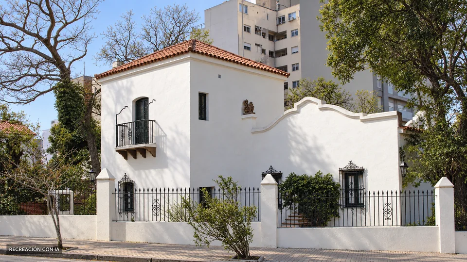Recreación con IA de la fachada blanca del Museo Zorrilla, con techo de tejas, pequeño balcón de hierro y reja perimetral, basada en una fotografía de 2006.