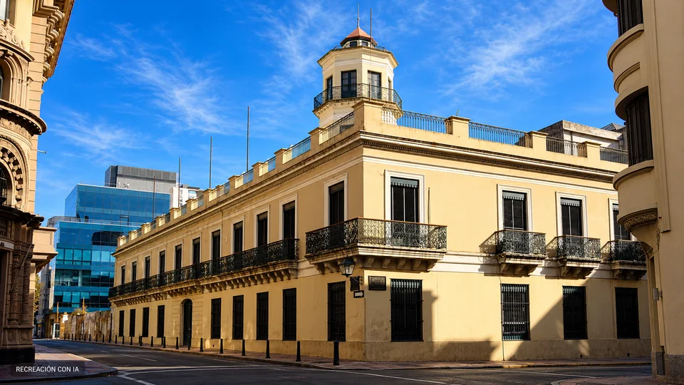 Recreación con IA de la Casa de Fructuoso Rivera, con balcones de hierro y mirador octogonal sobre la esquina, basada en una fotografía de 2013.