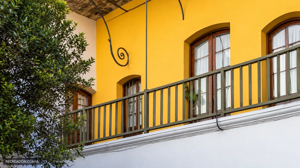 Recreación con IA de un detalle de la galería amarilla del patio de la Casa de Lavalleja, con ventanas de madera y baranda, basada en una fotografía de 2013.