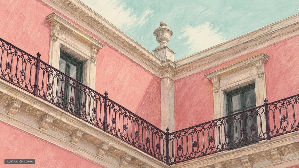 Ilustración editorial con IA del patio rosado de Casa Antonio Montero: cornisa, baranda y remate de piedra, según evidencia de 2021; no acredita su estado actual; interpretación basada en rasgos documentados, no fotografía del lugar.