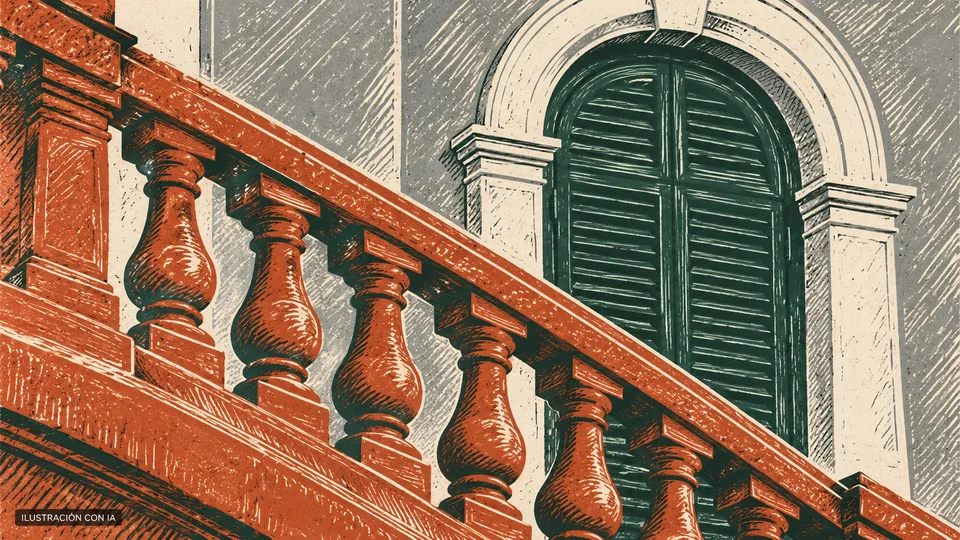 Ilustración editorial con IA de balaustres terracota y persiana verde de la Quinta de Batlle y Ordóñez, según evidencia de 2022; no acredita su estado actual; interpretación basada en rasgos documentados, no fotografía del lugar.