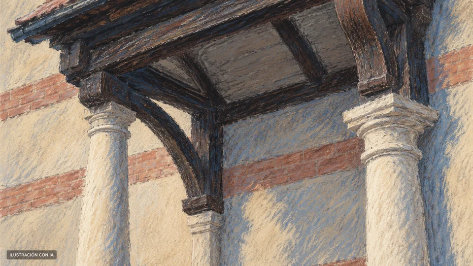 Ilustración editorial con IA del pórtico de la Quinta de Herrera, con soportes de madera y franjas salmón, según evidencia de 2018; no acredita su estado actual; interpretación basada en rasgos documentados, no fotografía del lugar.