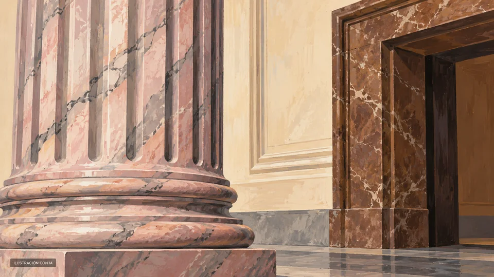 Ilustración editorial con IA de columna acanalada y marco de mármol del Museo del Gaucho y la Moneda en Casa Central del BROU, Cerrito 351, no su antigua sede; interpretación basada en rasgos documentados, no fotografía del lugar.