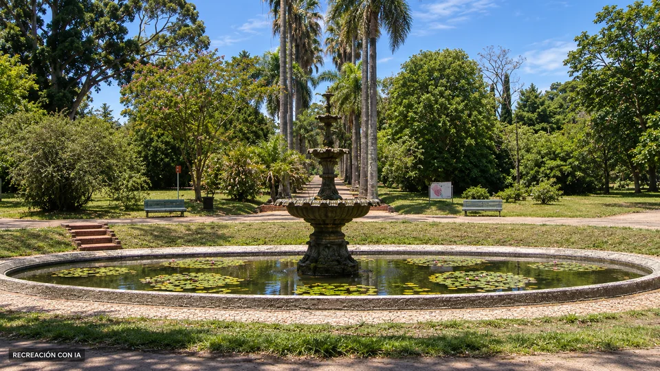 Recreación con IA de la fuente escalonada del Jardín Botánico de Montevideo, rodeada de palmeras y árboles, basada en una fotografía de 2008.