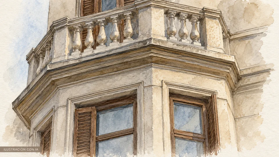 Ilustración editorial con IA del mirador y balcón del anexo de la Casa de Cultura Daniel Fernández Crespo, Lucas Obes 1021, según evidencia de 2023; no acredita acceso actual; interpretación basada en rasgos documentados, no fotografía del lugar.