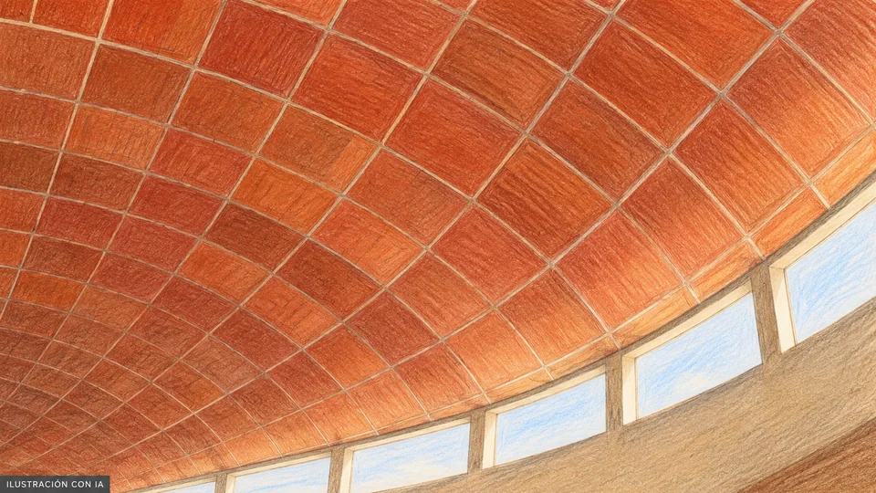 Ilustración editorial con IA de bóveda cerámica roja y ventanas altas del gimnasio CRECE Flor de Maroñas, según evidencia de agosto de 2020; no acredita equipamiento o acceso actual; interpretación basada en rasgos documentados, no fotografía del lugar.