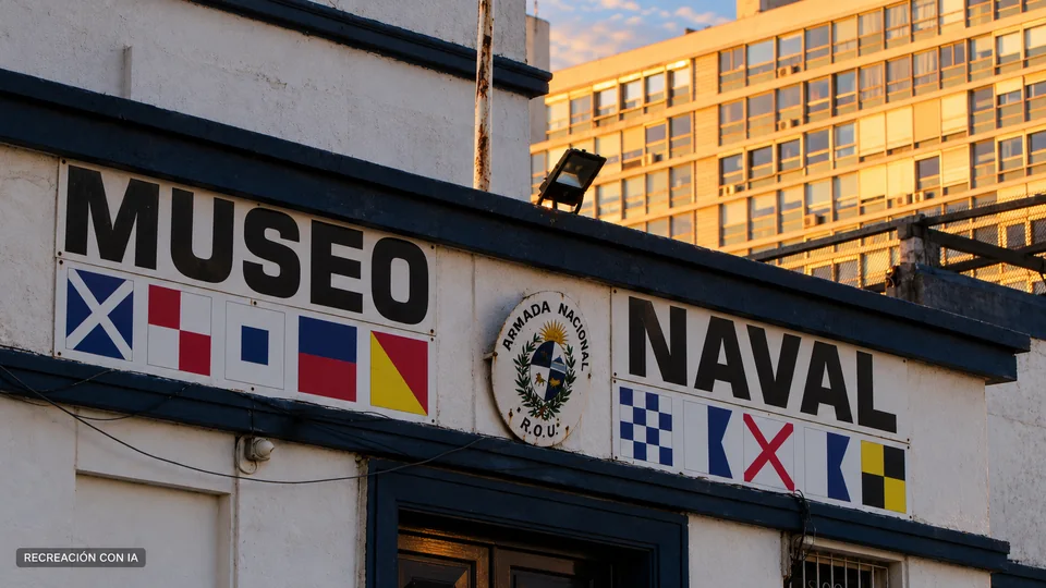 Recreación con IA del frente de ingreso al Museo Naval, con su nombre y banderas de señales, basada en una fotografía de 2025.