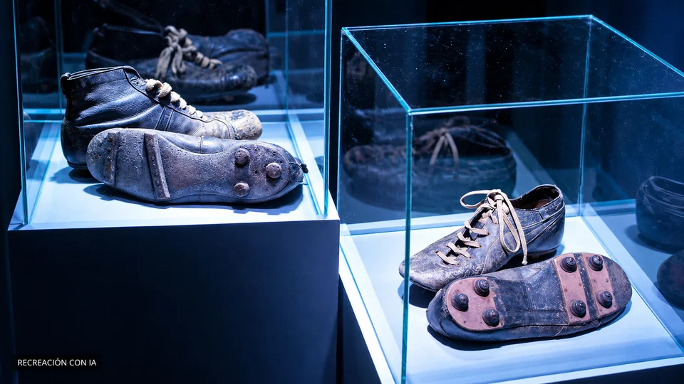Recreación con IA de botines históricos en vitrinas del Museo del Fútbol, con iluminación azul, basada en una fotografía de la reinauguración de 2020.