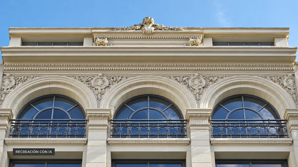 Recreación con IA de los tres ventanales arqueados y la cornisa del Centro Cultural de España en Montevideo.