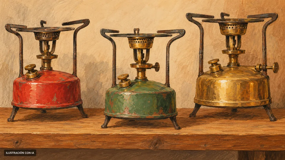 Ilustración editorial con IA de calentadores antiguos simplificados sobre madera, inspirada en tipos documentados en Primuseum; no reproduce modelos exactos ni certifica inventario actual; interpretación basada en rasgos documentados, no fotografía del lugar.