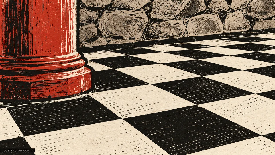 Ilustración editorial con IA de un detalle del piso damero de El Milongón, junto a una columna roja y pared de piedra; interpretación basada en rasgos documentados, no fotografía del lugar.