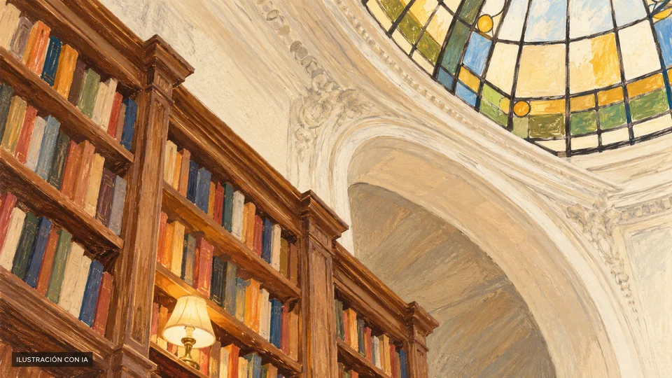 Ilustración editorial con IA inspirada en el interior de Escaramuza: estanterías de madera, arco claro y un fragmento de claraboya de vidrios de colores; interpretación basada en rasgos documentados, no fotografía del lugar.