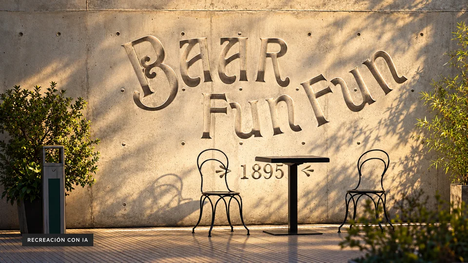 Recreación con IA de la terraza del Baar Fun Fun, con letras en hormigón y dos sillas de hierro.