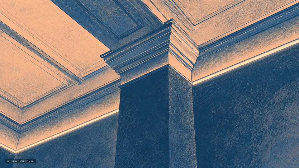 Ilustración editorial con IA estilo risografía azul y durazno de un detalle alto del pilar, cornisa y cielorraso de Zoba Club; interpretación basada en rasgos documentados, no fotografía del lugar.