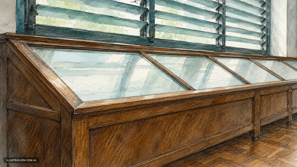 Ilustración editorial con IA en grafito y acuarela de una vitrina de madera de tapa inclinada bajo ventanas de celosía y suelo de parquet del Museo Geominero del Uruguay; interpretación basada en rasgos documentados, no fotografía del lugar.