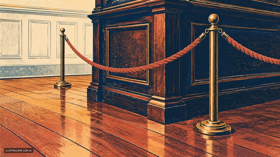 Ilustración editorial con IA estilo serigrafía de una esquina de vitrina de madera oscura, cordón de resguardo, paneles claros y piso de madera del Museo Blandengues de Artigas; interpretación basada en rasgos documentados, no fotografía del lugar.