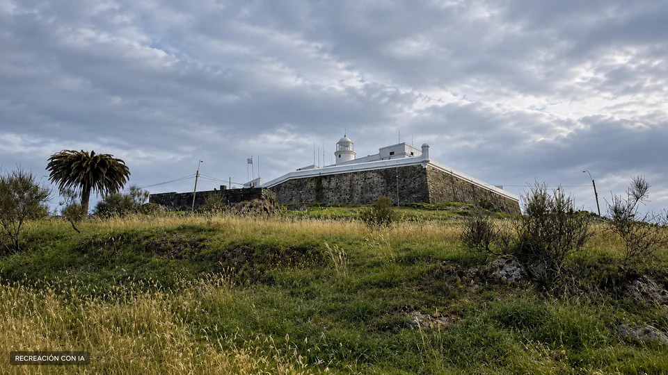 Recreación con IA de los muros de piedra y el faro de la Fortaleza del Cerro sobre la ladera, basada en una fotografía de abril de 2025.