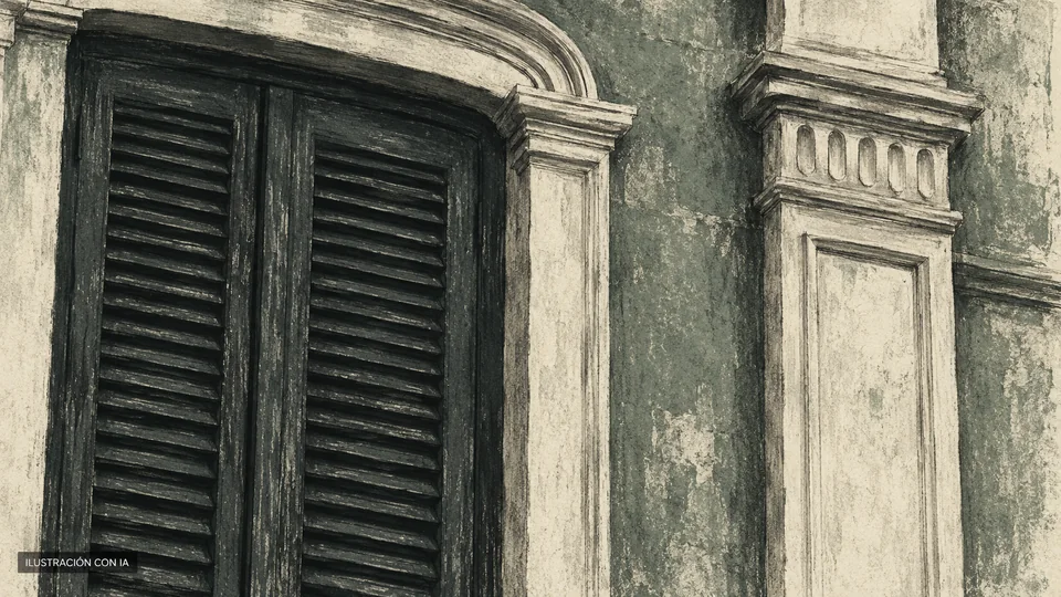 Ilustración editorial con IA de persiana y pilastra del Museo de los Trabajadores de la Industria Frigorífica, según evidencia de octubre de 2023; no acredita su estado actual; interpretación basada en rasgos documentados, no fotografía del lugar.