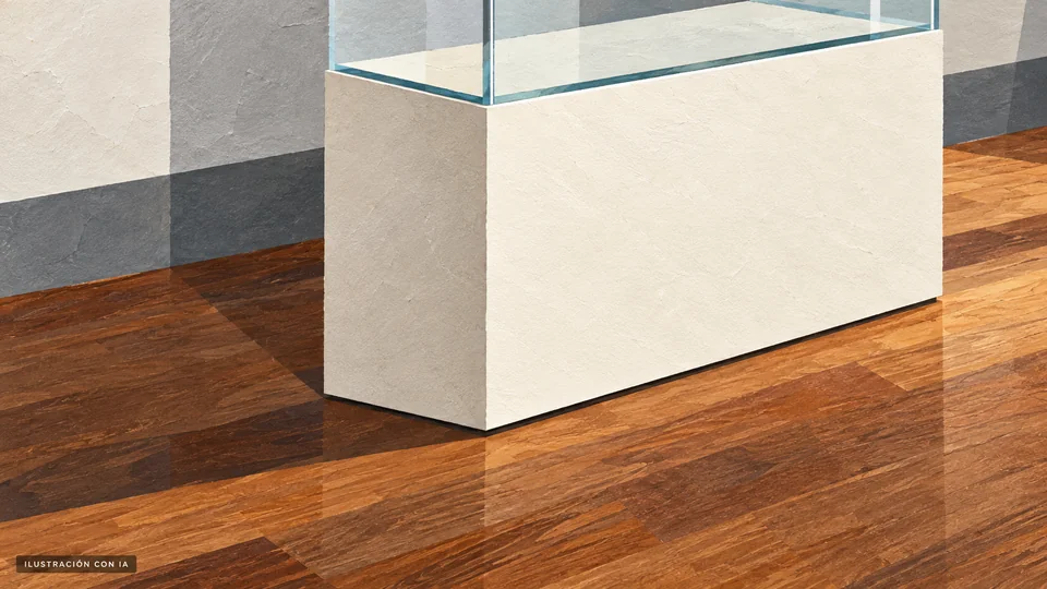 Ilustración editorial con IA en collage geométrico de un detalle del pedestal blanco, borde de vitrina de vidrio y piso de madera del Museo Marítimo del Centro de Navegación; interpretación basada en rasgos documentados, no fotografía del lugar.