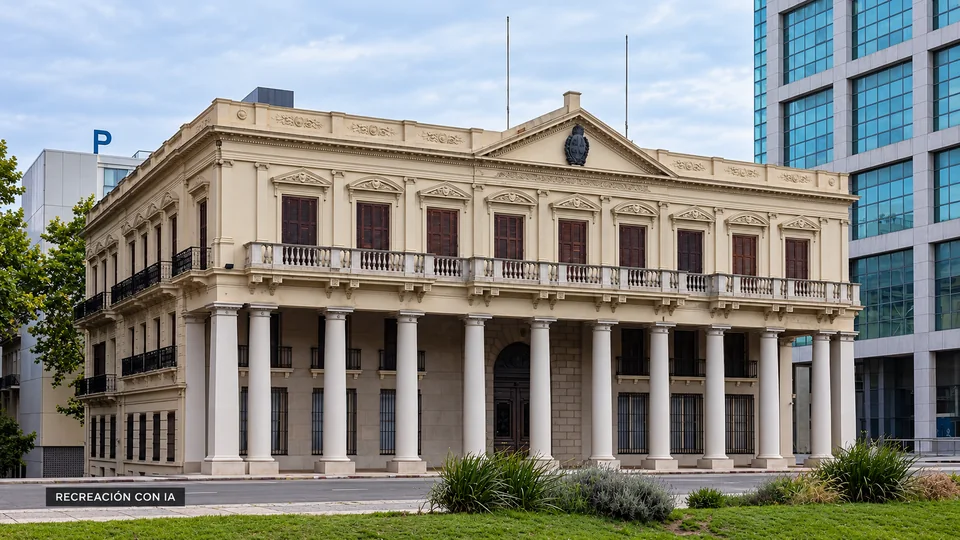 Recreación con IA de la fachada del Palacio Estévez, sede del Museo de la Casa de Gobierno, con columnata y frontón.