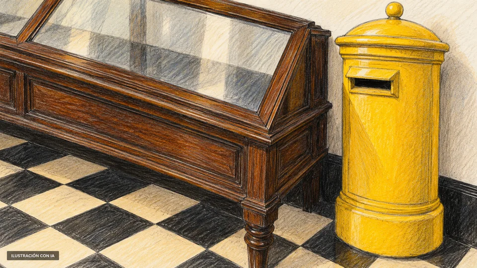 Ilustración editorial con IA de vitrina, buzón amarillo simplificado y piso ajedrezado del Museo Postal; no reproduce una pieza exacta ni certifica inventario actual; interpretación basada en rasgos documentados, no fotografía del lugar.