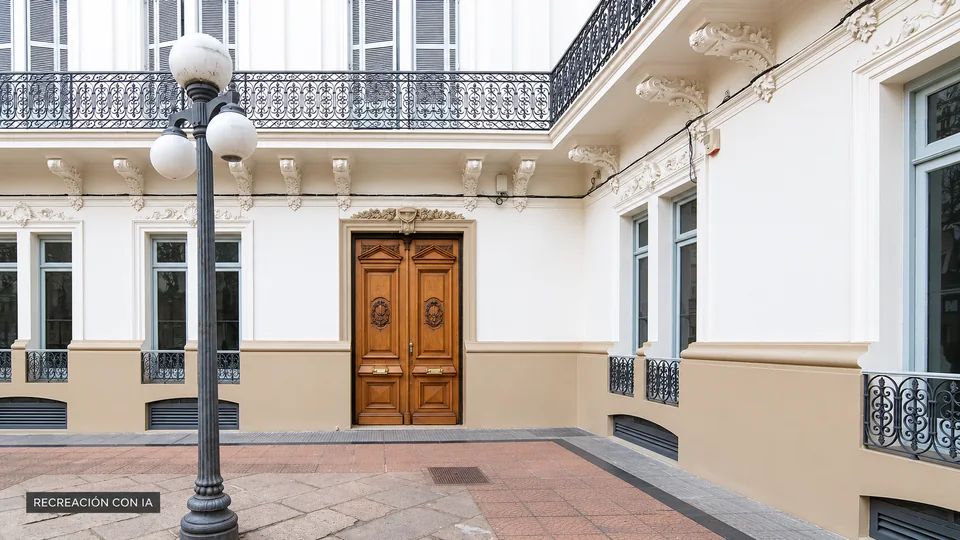 Recreación con IA del retiro de acceso del Museo Pedagógico José Pedro Varela, con puerta de madera y balcón de hierro.