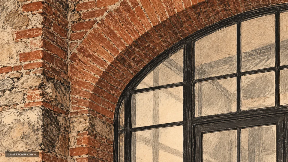 Ilustración editorial con IA de arco de ladrillo y puerta vidriada del Centro Cultural UTU Dr. Pedro Figari, no del Museo Figari de Ciudad Vieja ni de una exposición permanente; interpretación basada en rasgos documentados, no fotografía del lugar.