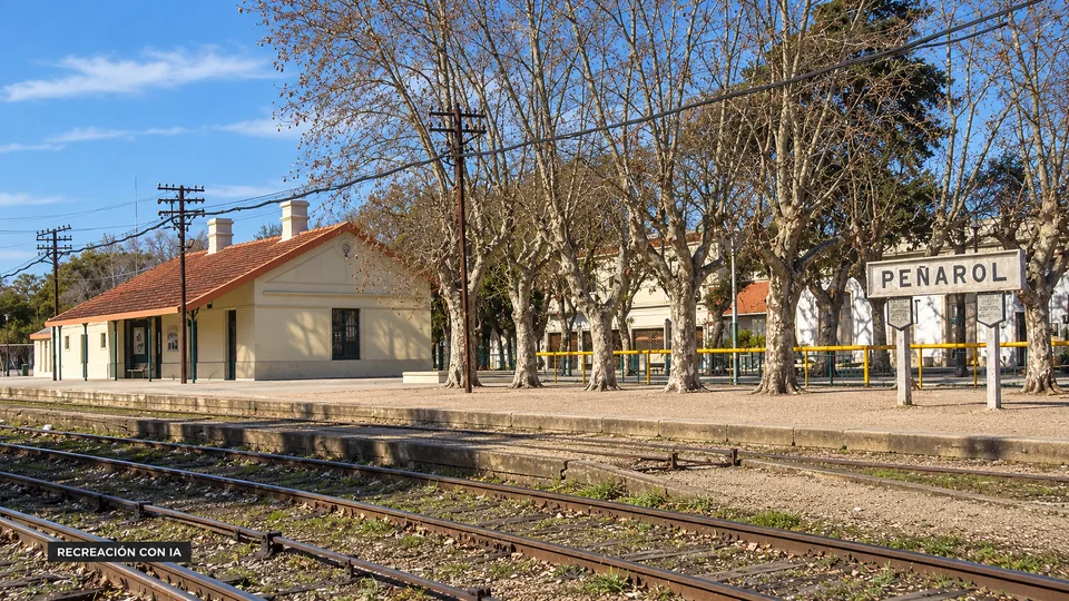 Recreación con IA de la Estación Peñarol, con techo rojo, andén, vías y cartel ferroviario.