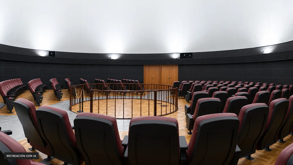 Recreación con IA de la sala del Planetario de Montevideo, con pantalla abovedada blanca, butacas bordó y piso de madera, sin proyección.