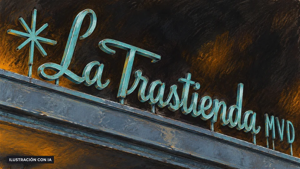 Ilustración editorial con IA del rótulo turquesa de La Trastienda Montevideo sobre un detalle de su marquesina; interpretación basada en rasgos documentados, no fotografía del lugar.
