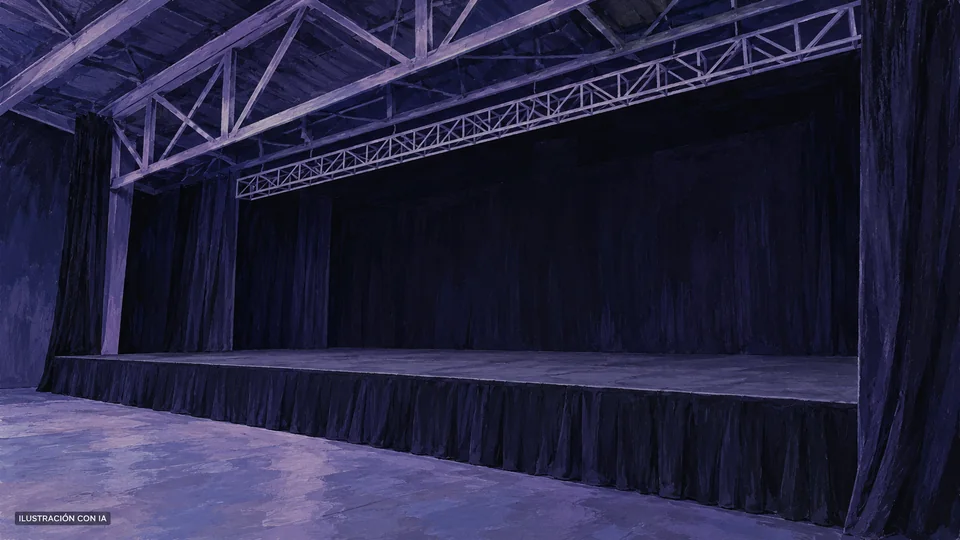 Ilustración editorial con IA de escenario, cortinados y estructuras metálicas de la Sala del Museo del Carnaval; no representa la fachada del museo ni acredita montaje actual; interpretación basada en rasgos documentados, no fotografía del lugar.