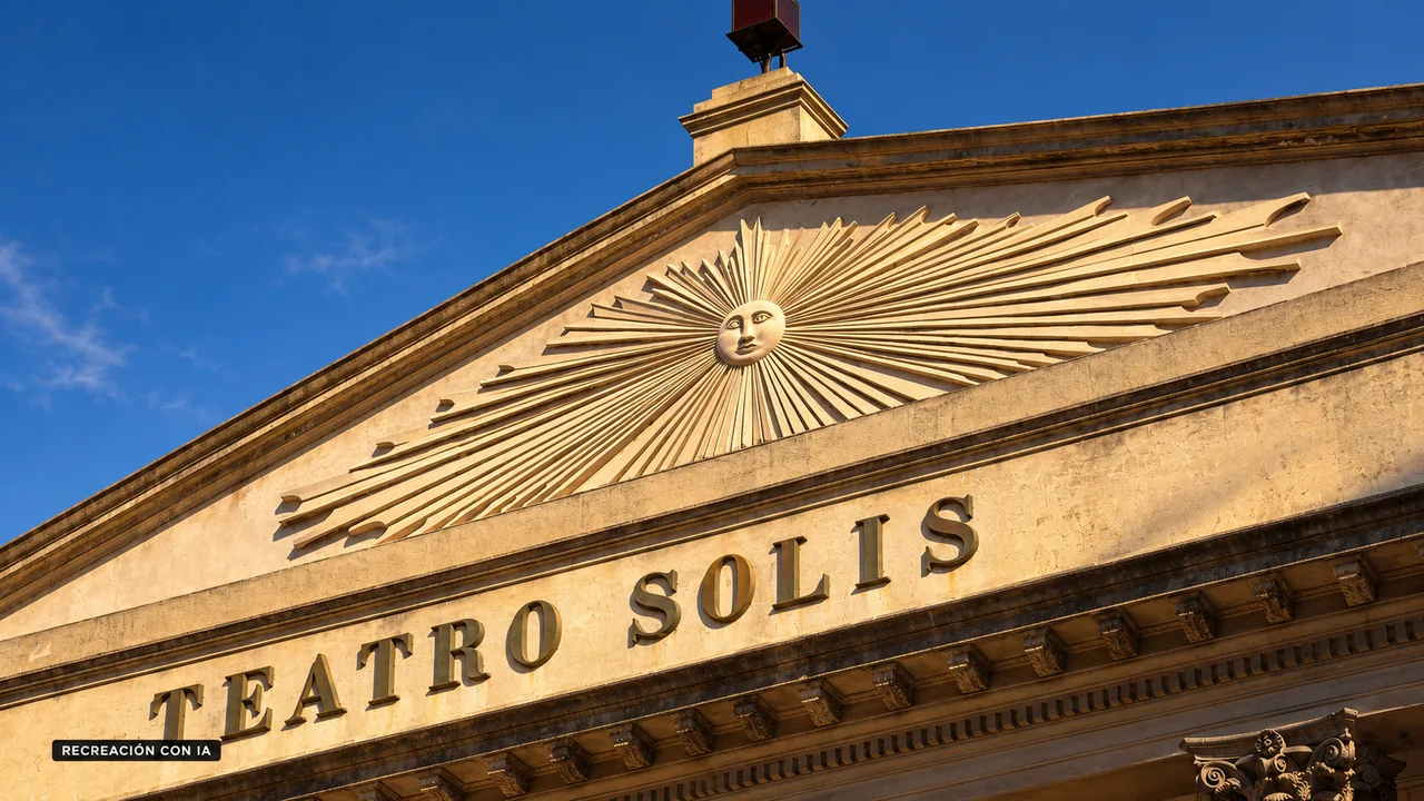 Recreación con IA del frontón y el sol tallado del Teatro Solís, basada en una fotografía de referencia de 2016.
