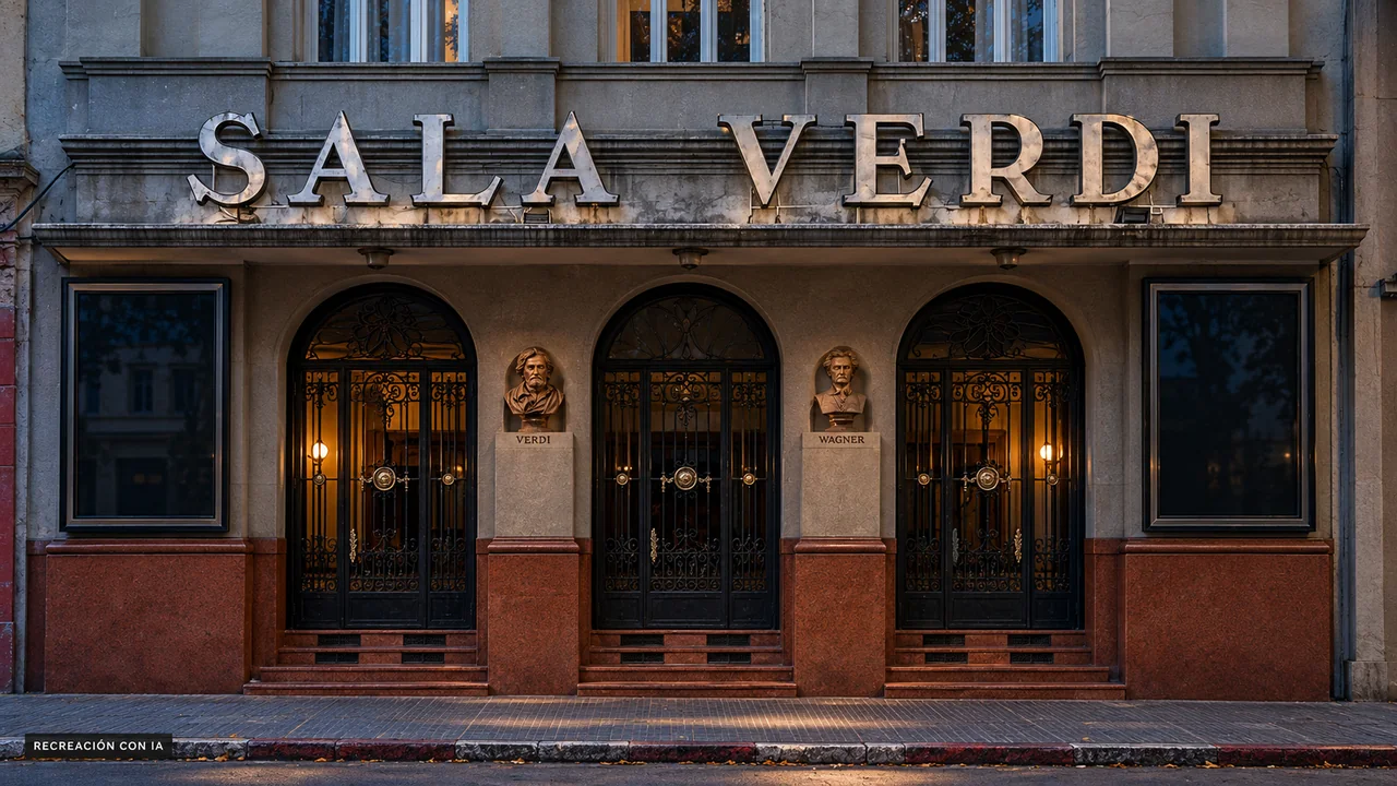 Recreación con IA de la entrada de Sala Verdi, con tres arcos de hierro, bustos de Verdi y Wagner y su gran letrero.