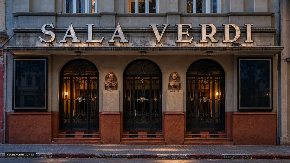 Recreación con IA de la entrada de Sala Verdi, con tres arcos de hierro, bustos de Verdi y Wagner y su gran letrero.