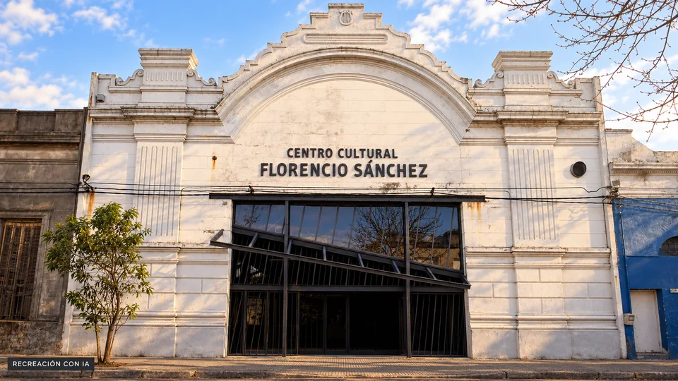 Recreación con IA de la fachada del Centro Cultural Florencio Sánchez del Cerro, con arco monumental, pilastras y portal negro diagonal.