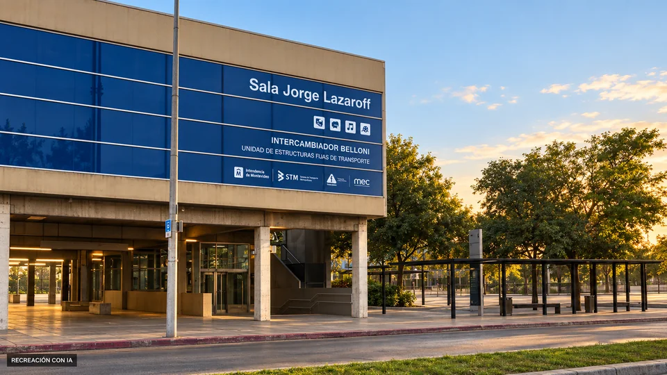 Recreación con IA de la Sala Jorge Lazaroff en el Intercambiador Belloni, con panel azul, pilares de hormigón y acceso elevado.