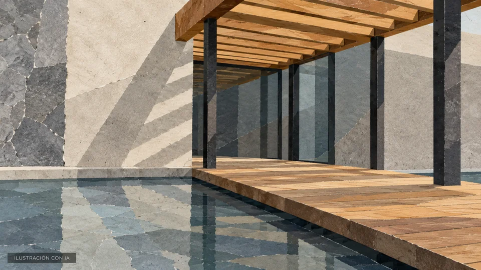 Ilustración editorial con IA de un detalle de la pasarela y pérgola de Bodega Garzón, con madera, agua y planos de piedra y hormigón; interpretación basada en rasgos documentados, no fotografía del lugar.