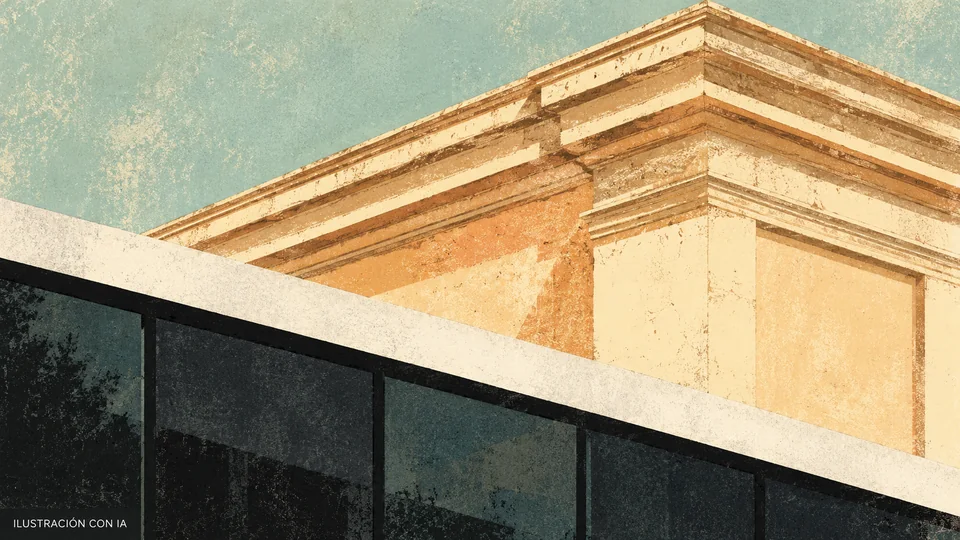 Ilustración editorial con IA de un detalle de Terminal Goes, contraponiendo la cornisa crema del edificio histórico y el acceso moderno oscuro; interpretación basada en rasgos documentados, no fotografía del lugar.