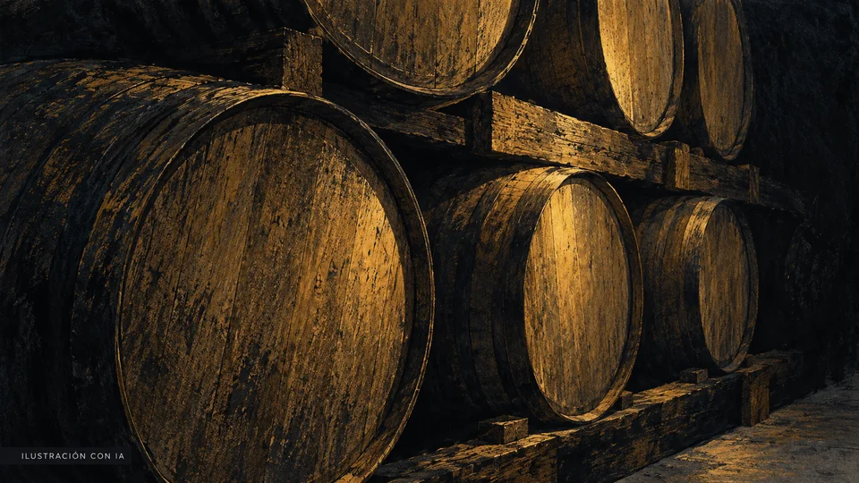 Ilustración editorial con IA de un detalle de la cava de Pizzorno, con barricas de roble sobre soportes de madera iluminadas lateralmente; interpretación basada en rasgos documentados, no fotografía del lugar.