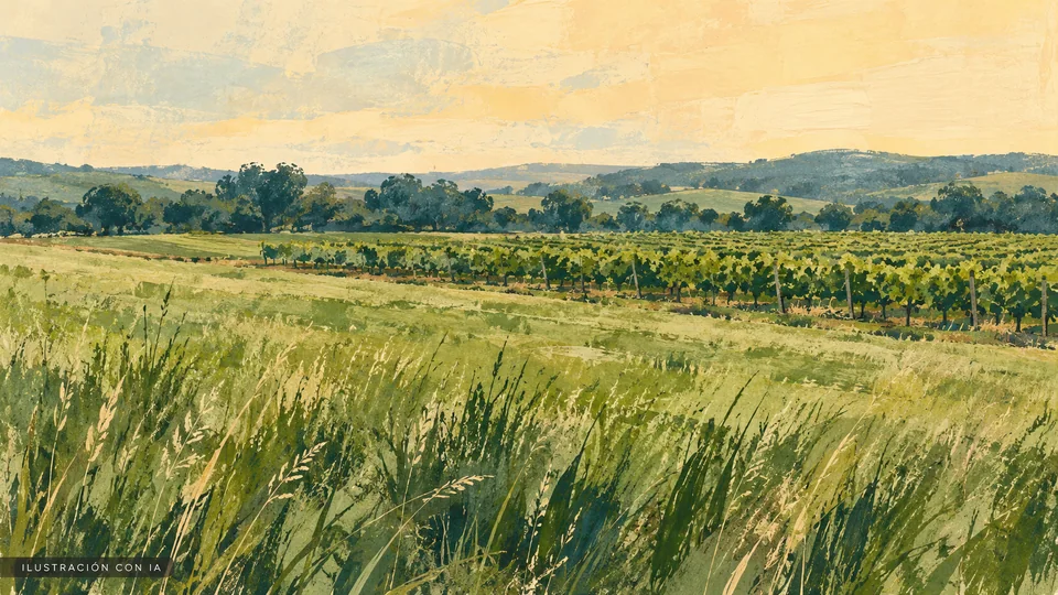 Ilustración editorial con IA del paisaje rural documentado de Finca Piedra, con pastizal, filas de vid y árboles bajos en Mal Abrigo; interpretación basada en rasgos documentados, no fotografía del lugar.