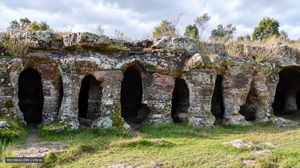 Recreación con IA de las Grutas del Palacio, con columnas naturales irregulares de roca, líquenes y aberturas oscuras.