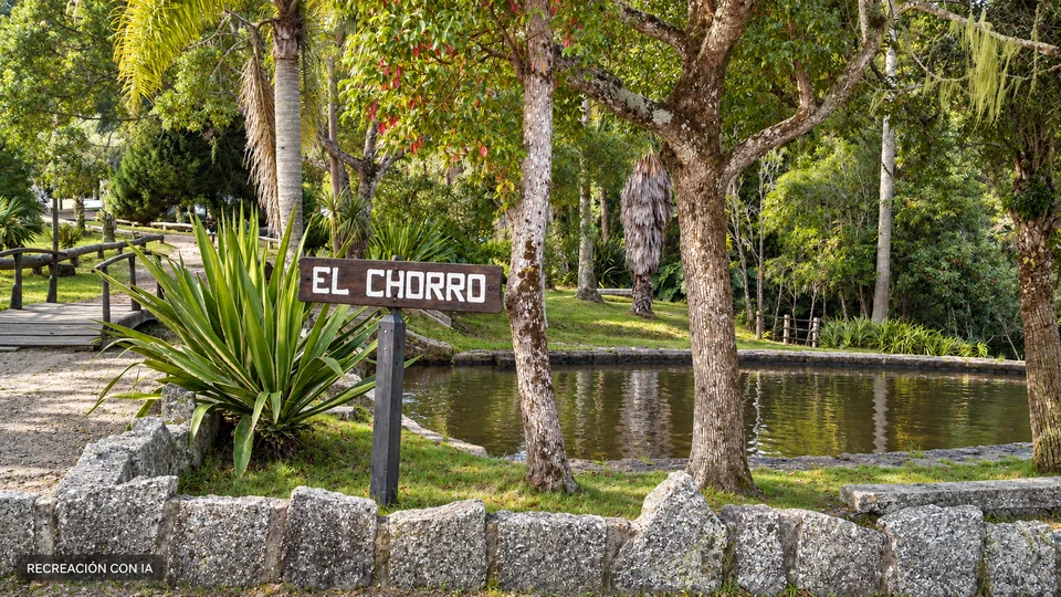 Recreación con IA de El Chorro en el Parque Nacional Santa Teresa, con estanque de piedra, palmeras y puente de madera, basada en una foto de 2013.